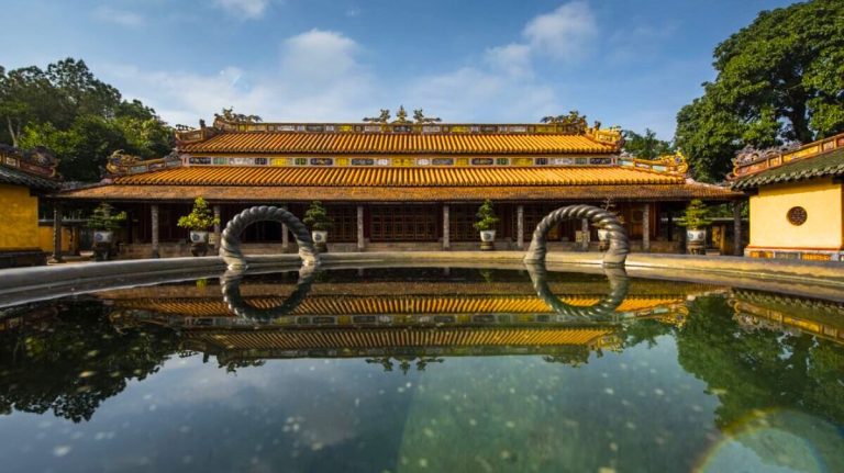 Dong Khanh tomb in Hue with traditional curved roof and three-gate entrance