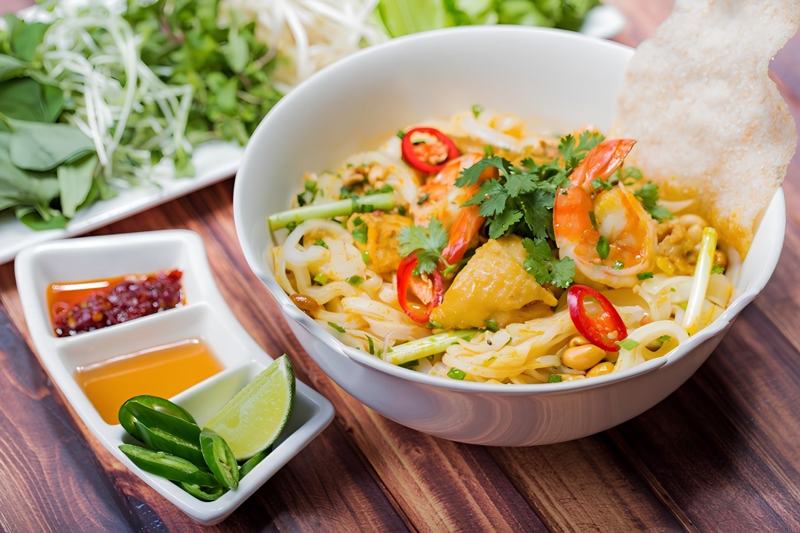 Mì Quảng Đà Nẵng với sợi mì, thịt và rau sống