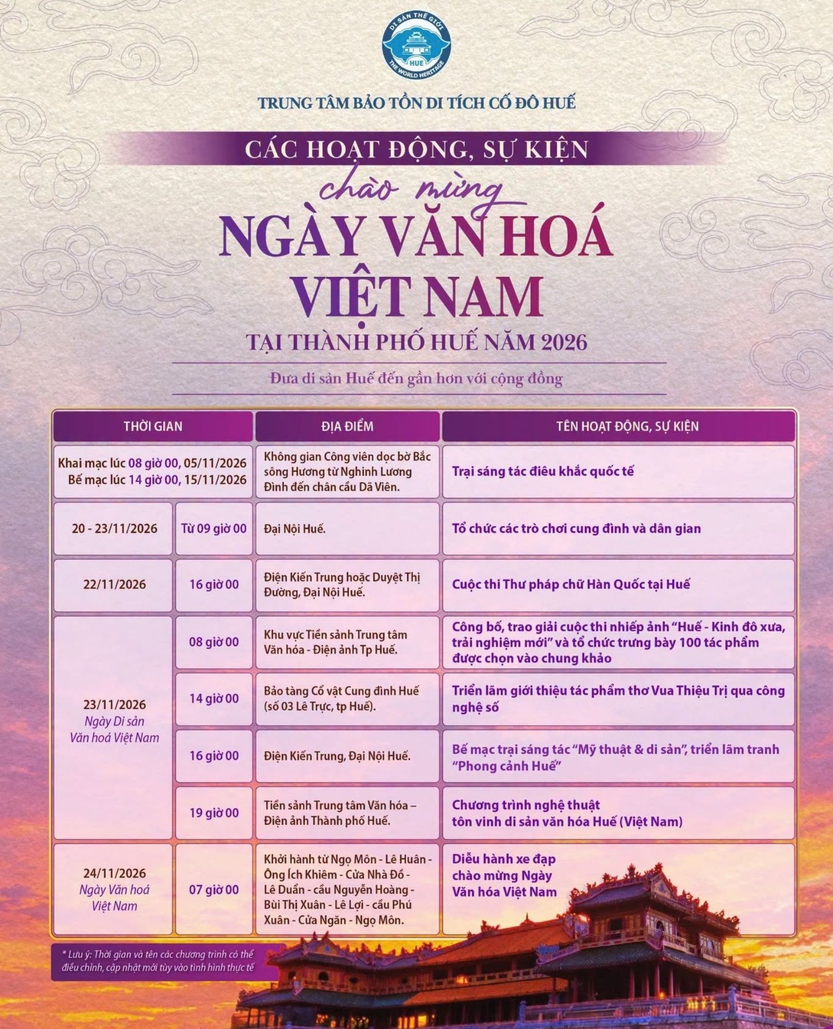 Schedule of Activities Celebrating Vietnam Cultural Day 2026 in Hue