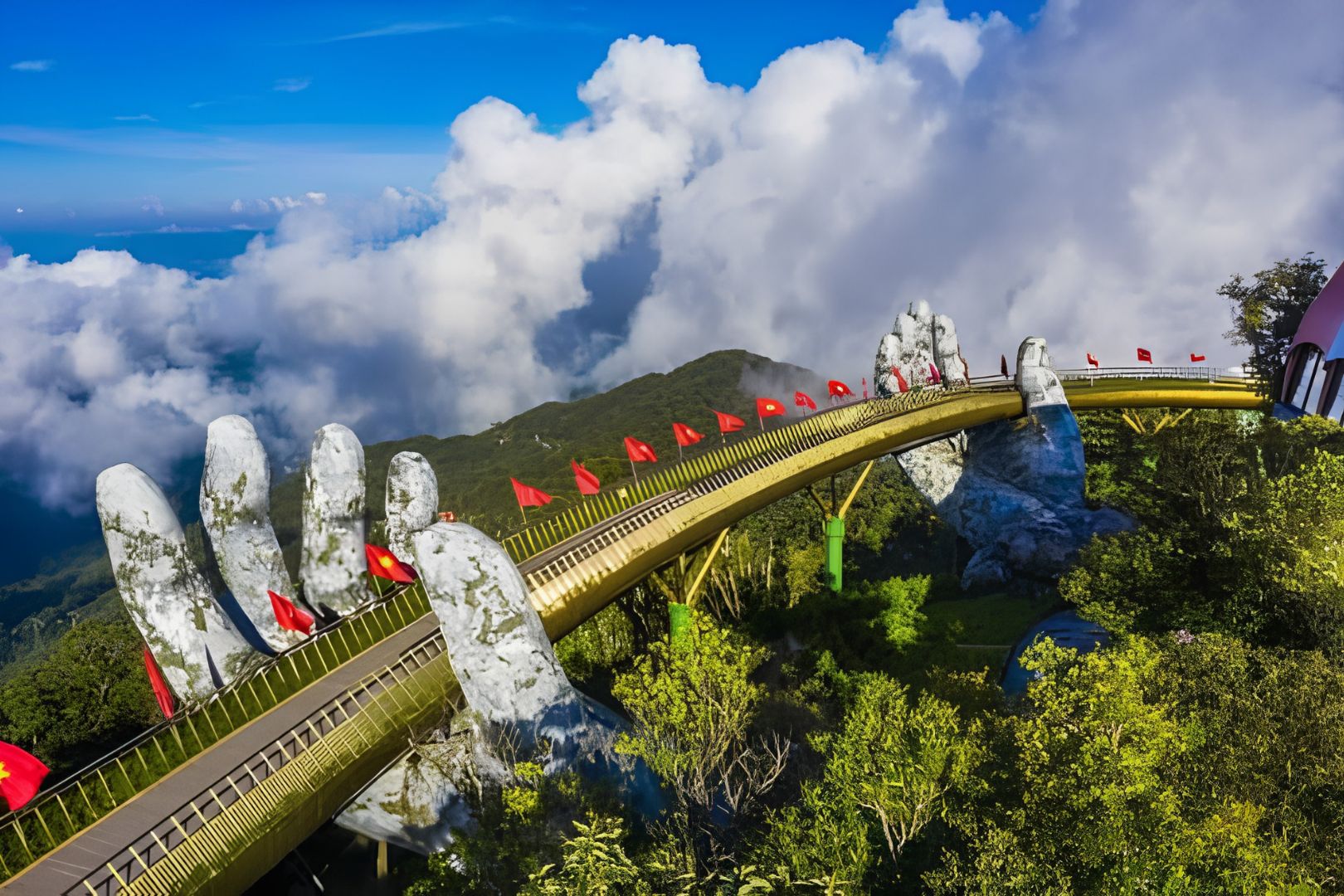 Ba Na Hills landscape in October with light mist and Golden Bridge